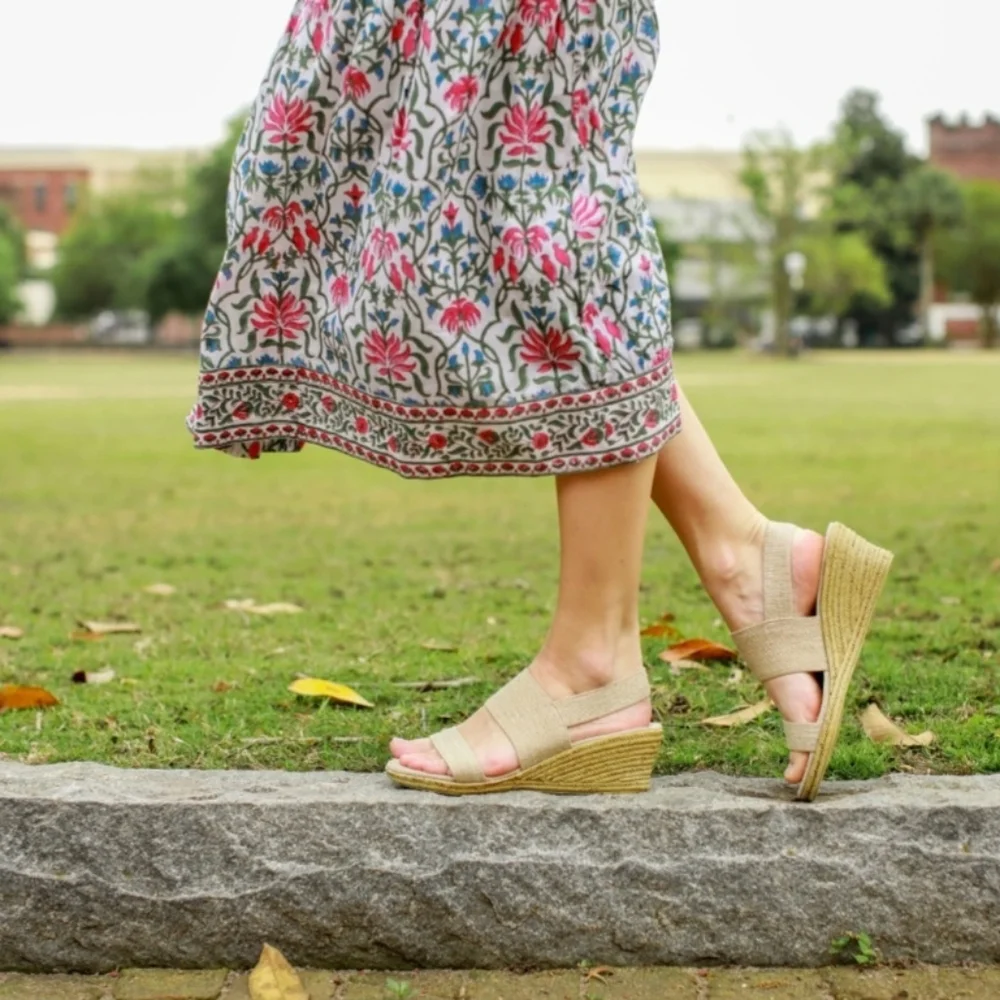 Charleston Shoe Co. Cooper Silver Metallic/Tan/Linen Espadrille Wedge Sandal - 7